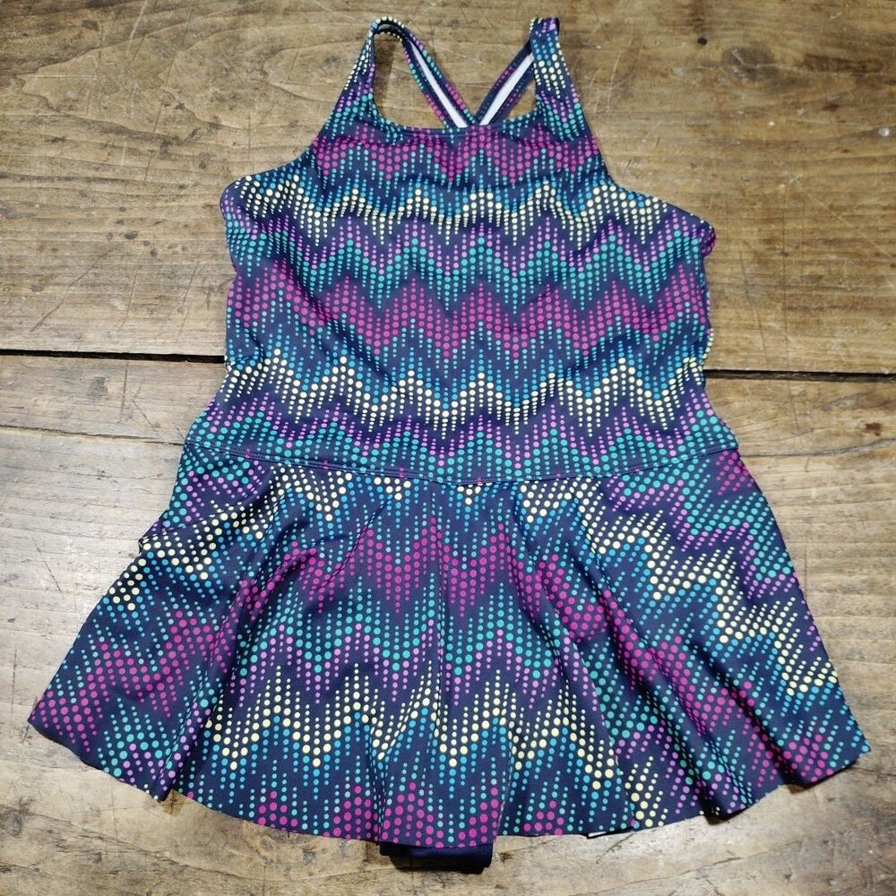 Lands' End One-Piece Swim Dress in Teal, Purple & White Chevron (Youth Girls!)